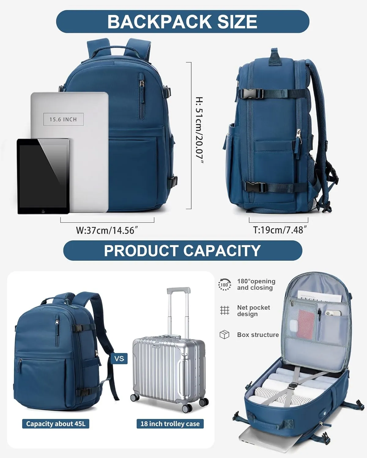 Large Travel Backpack for Women Men Waterproof Luggage Utility Backpack with USB Charging Port & Shoe Pouch Airline Approved Personal Item Travel Bag Mochila de Viaje(Blue)