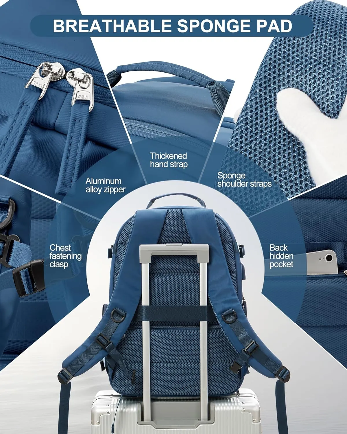 Large Travel Backpack for Women Men Waterproof Luggage Utility Backpack with USB Charging Port & Shoe Pouch Airline Approved Personal Item Travel Bag Mochila de Viaje(Blue)