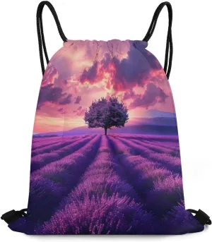 Lavender Purple Flower Field Drawstring Backpack Durable String Bag Sports Sackpack Cinch Bags for Gym Travel