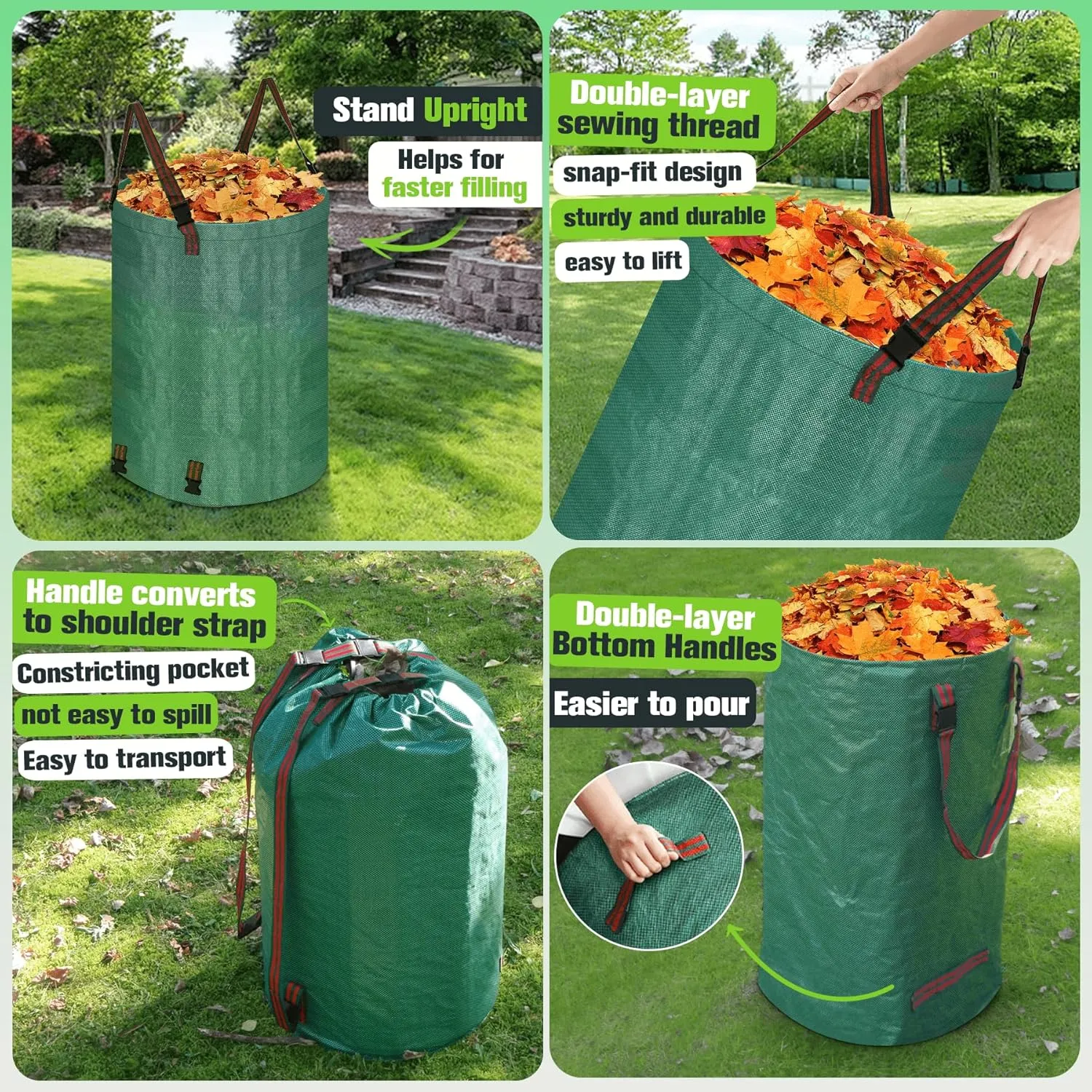 Leaf Collector Bag with Lid, Shoulder Strap, and Drawstring – Reusable Yard Garden Bag for Leaves and Lawn Trash, Perfect for Leaf Removal, Yard Clean-Up (With lid, 32 Gallon)