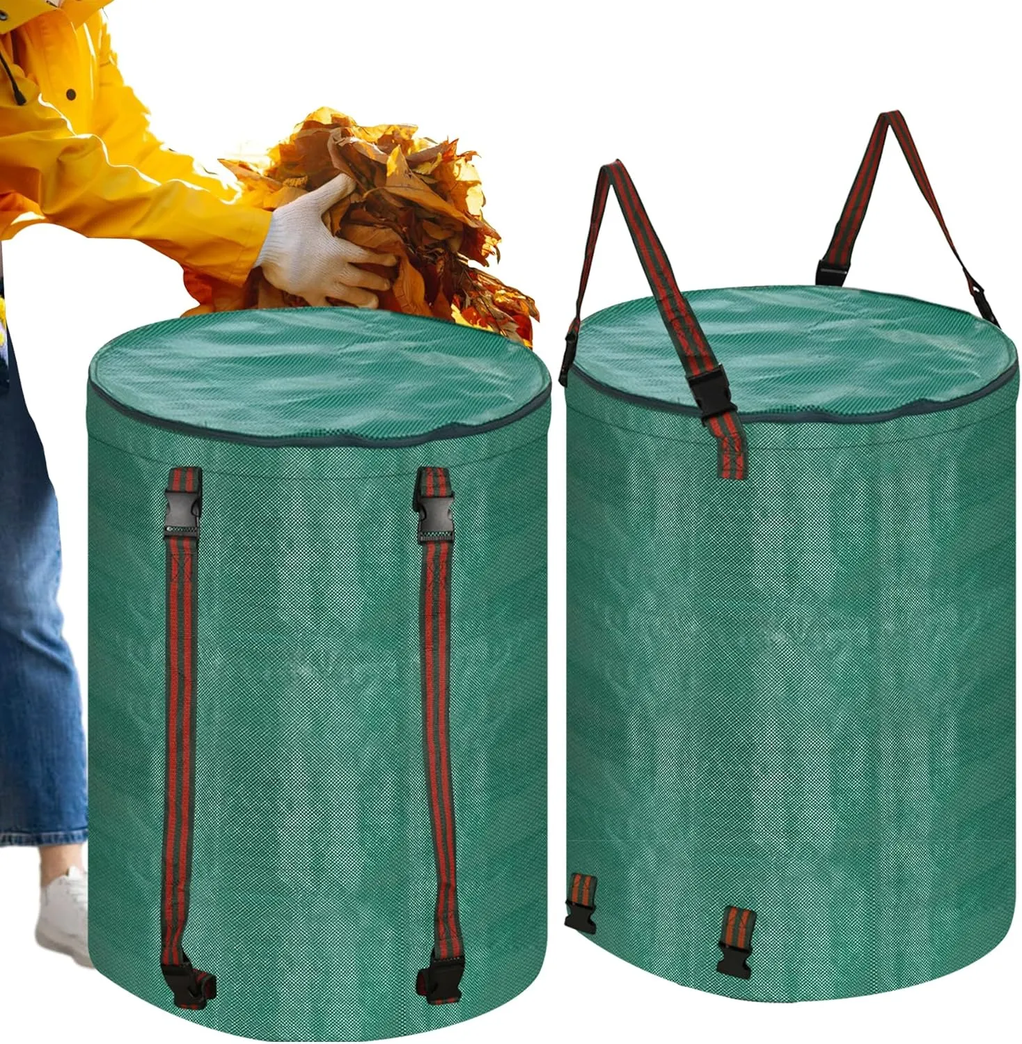 Leaf Collector Bag with Lid, Shoulder Strap, and Drawstring – Reusable Yard Garden Bag for Leaves and Lawn Trash, Perfect for Leaf Removal, Yard Clean-Up (With lid, 32 Gallon)