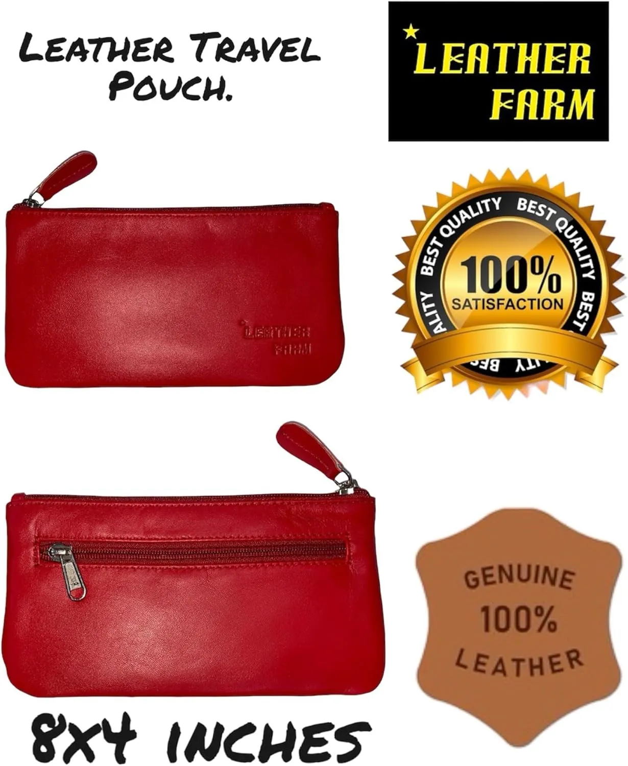 LEATHER FARM Leather Travel Pouch - Beautifully Handcrafted YKK Zippered Pouch Handmade - 8 x 4 inches.(RED)