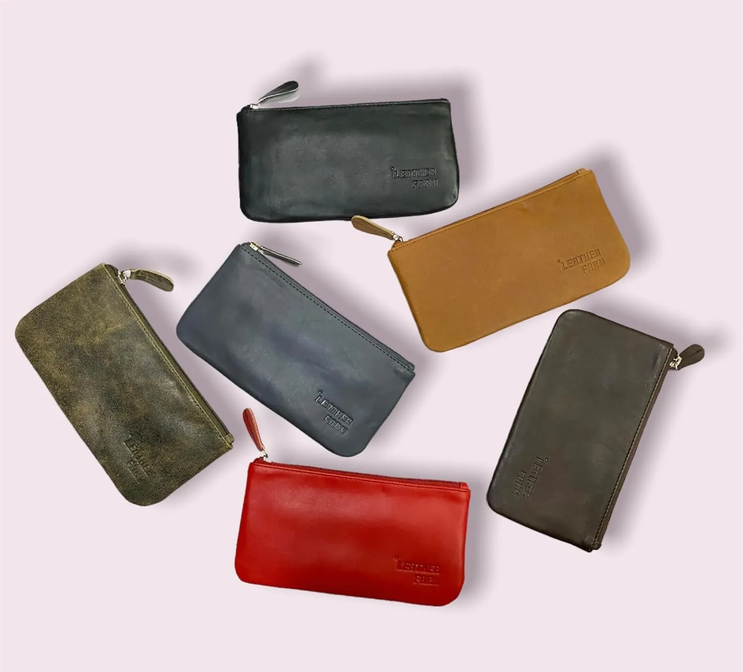 LEATHER FARM Leather Travel Pouch - Beautifully Handcrafted YKK Zippered Pouch Handmade - 8 x 4 inches.(RED)