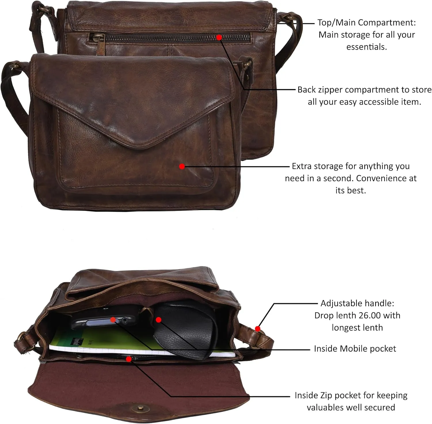 Leather Flapover Crossbody Handbag Purse for Women with Adjustable Strap & Overflap Snap Closure Tote/Bag