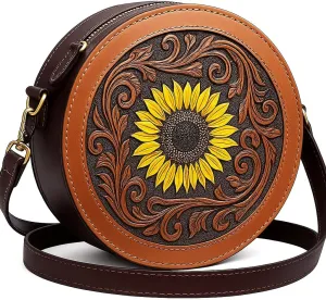 Leather Sunflower Bag - Hand Stitched Sunflower Purse for Women - Western Bags w/Adjustable Strap - Convertible Crossbody Boho Leather Purse