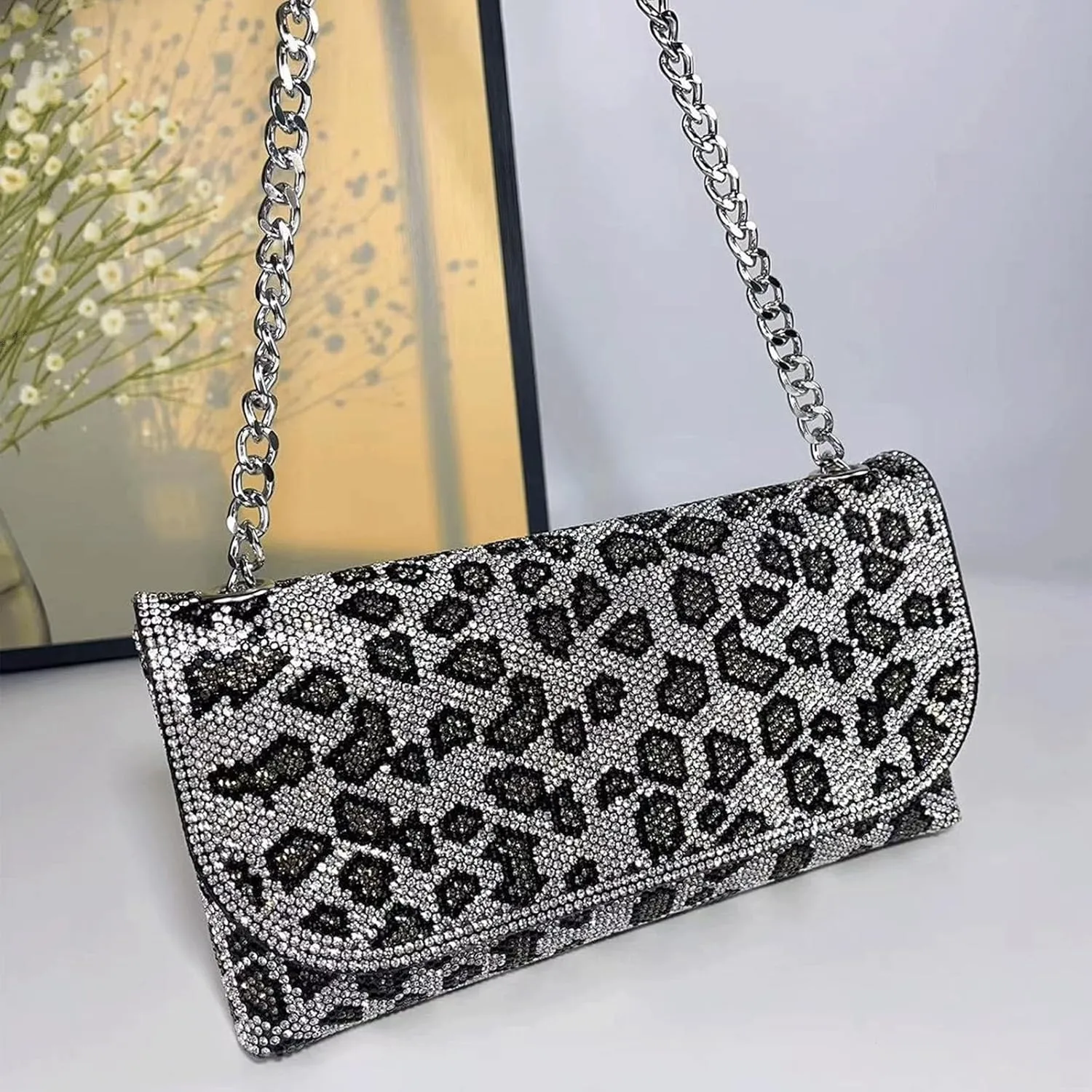 Leopard Purse Beaded Cheetah Print Scrunchie Handle Girls Crossbody Wedding Evening Bag with Gold Chain for Women