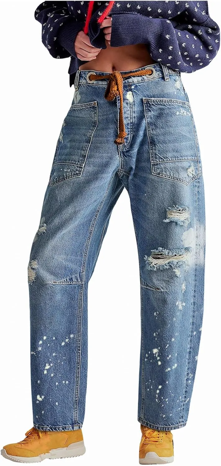 LifeShe Women's Baggy Barrel Jeans Casual Boyfriend Mid Rise Drawstring Wide Leg Denim Pants