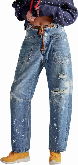 LifeShe Women's Baggy Barrel Jeans Casual Boyfriend Mid Rise Drawstring Wide Leg Denim Pants