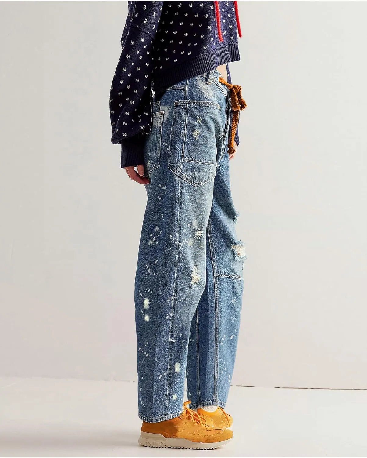 LifeShe Women's Baggy Barrel Jeans Casual Boyfriend Mid Rise Drawstring Wide Leg Denim Pants