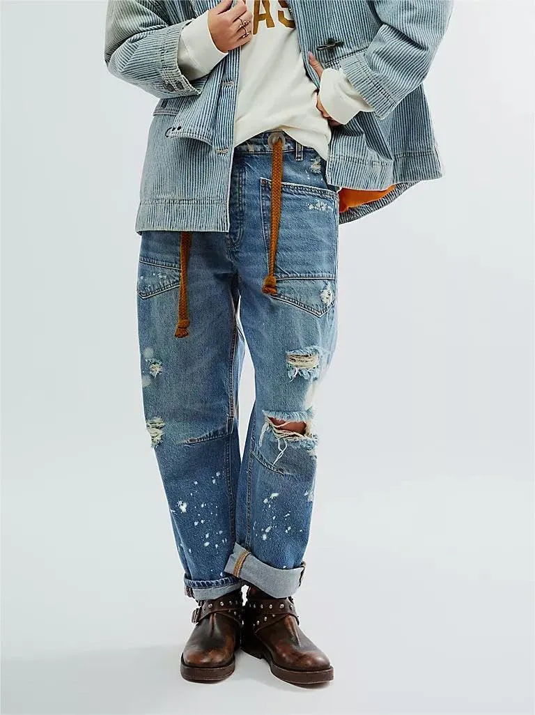 LifeShe Women's Baggy Barrel Jeans Casual Boyfriend Mid Rise Drawstring Wide Leg Denim Pants