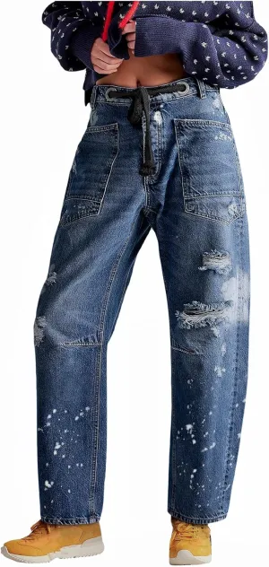 LifeShe Women's Baggy Barrel Jeans Casual Boyfriend Mid Rise Drawstring Wide Leg Denim Pants