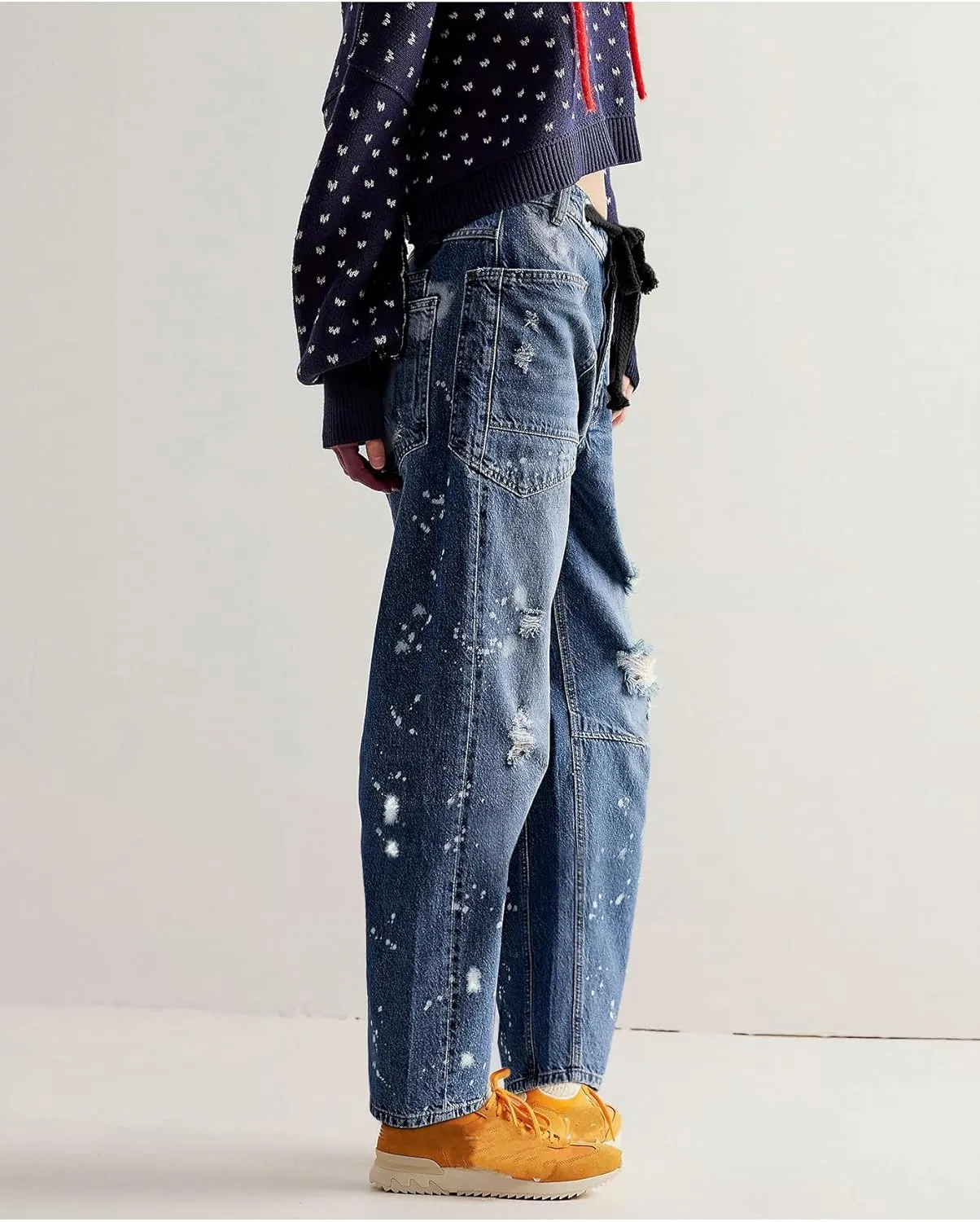 LifeShe Women's Baggy Barrel Jeans Casual Boyfriend Mid Rise Drawstring Wide Leg Denim Pants