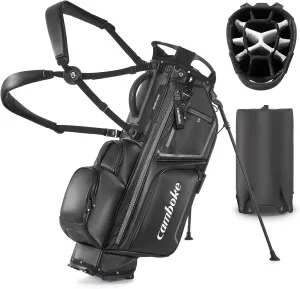 Lightweight Synthetic Leather Golf Stand Bags with 14 Way Full Length Dividers - Anti-Bending Carbon Fiber Bracket Golf Stand Bag for Men, with Ample Pocket Storage & Waterproof Zipper