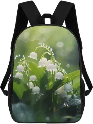 Lily of The Valley Flowers Green Leaves 17 Inch Laptop Backpack Adjustable Strap Daypack Shoulder Bag for Travel School