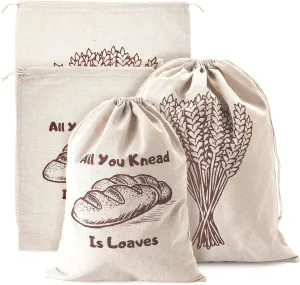 Linen Bread Bags, Pack of 4 Large and Extra Large Natural Unbleached Bread Bags, Reusable Drawstring Bag for Loaf, Homemade Artisan Bread Storage, Linen Bags for Food Storage, Ideal Gift for Bakers
