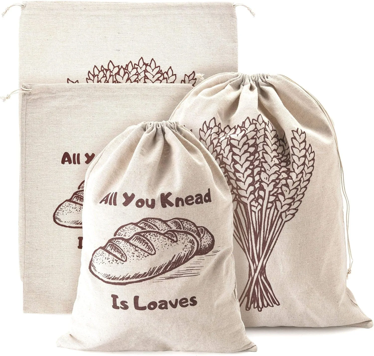 Linen Bread Bags, Pack of 4 Large and Extra Large Natural Unbleached Bread Bags, Reusable Drawstring Bag for Loaf, Homemade Artisan Bread Storage, Linen Bags for Food Storage, Ideal Gift for Bakers