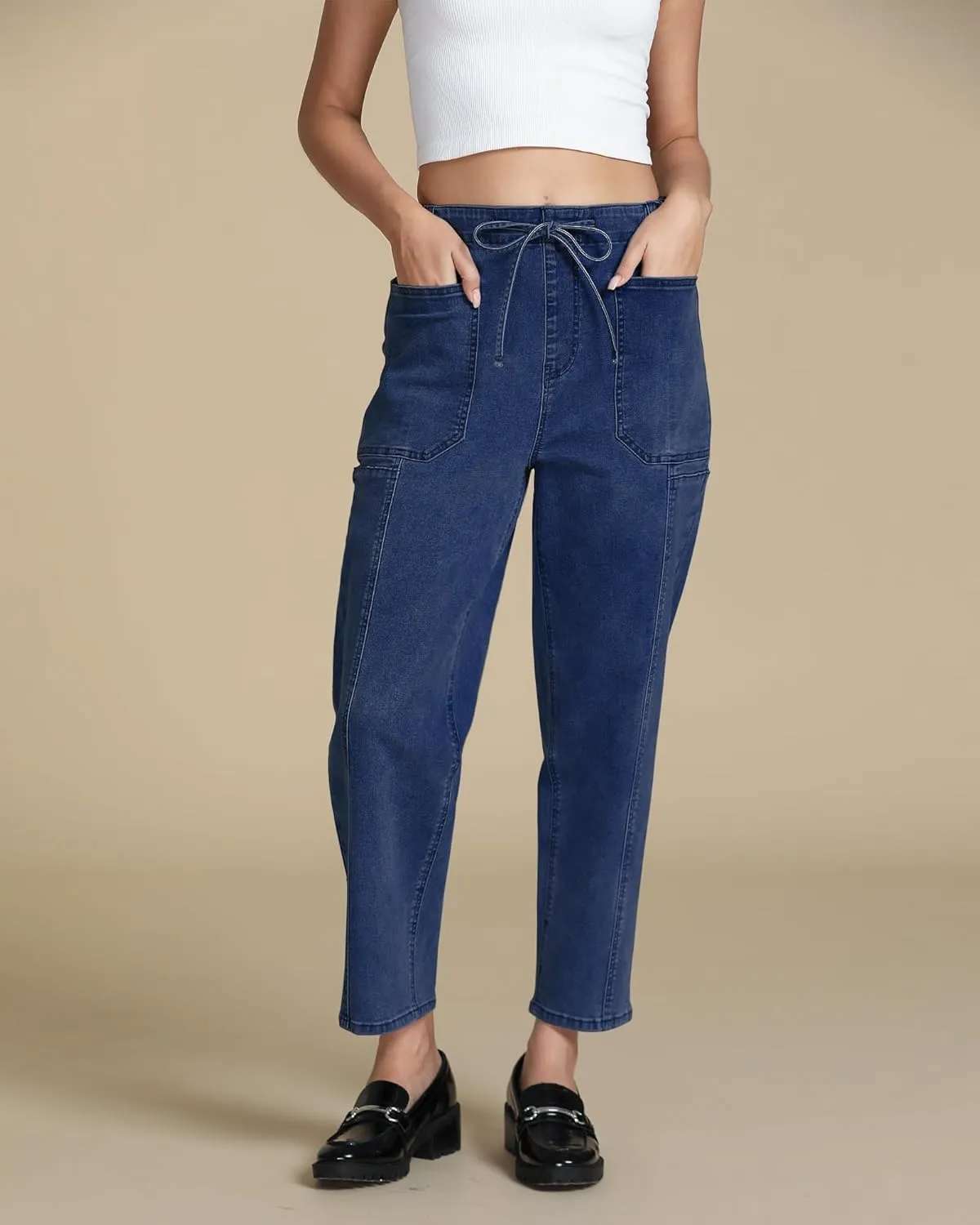 luvamia Barrel Jeans Women Trendy High Waisted Pull On Drawstring Elastic Waist Stretchy Denim Pants with Utility Pocket