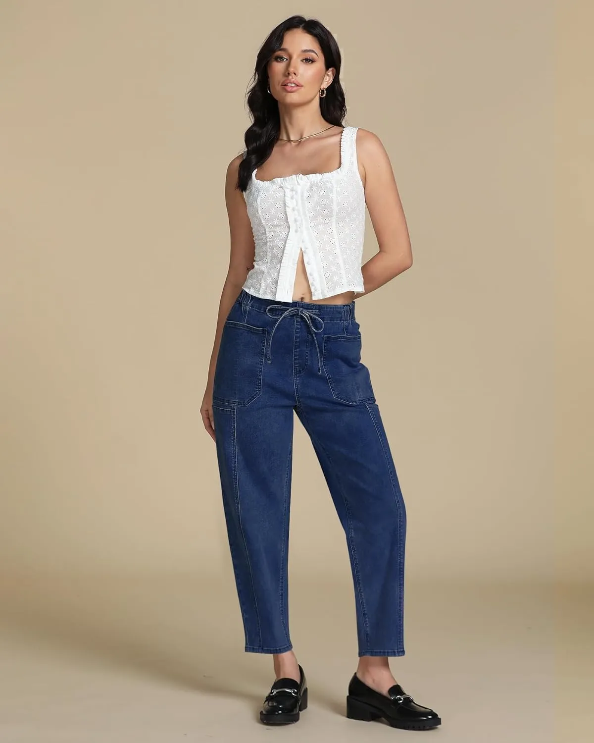 luvamia Barrel Jeans Women Trendy High Waisted Pull On Drawstring Elastic Waist Stretchy Denim Pants with Utility Pocket