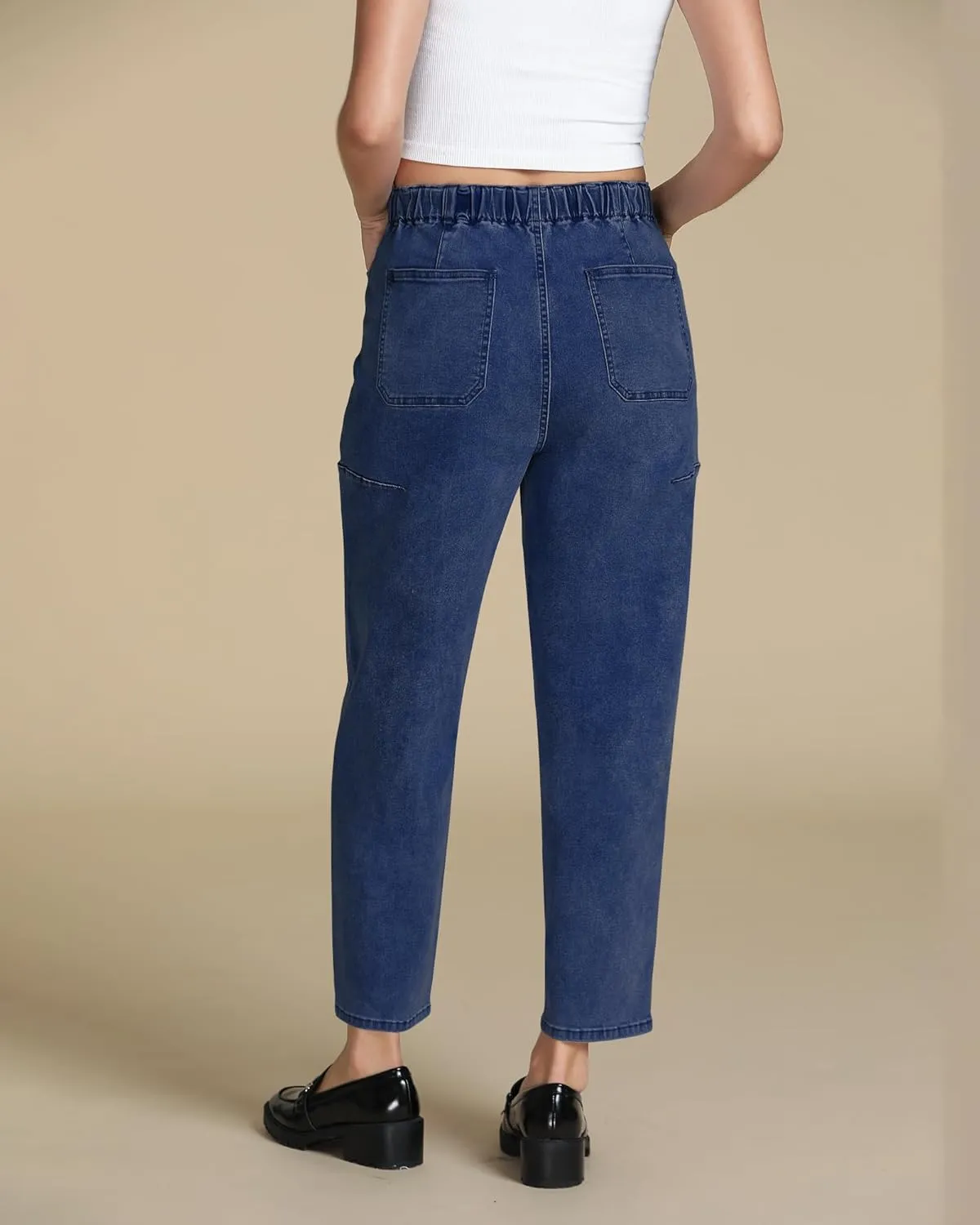 luvamia Barrel Jeans Women Trendy High Waisted Pull On Drawstring Elastic Waist Stretchy Denim Pants with Utility Pocket