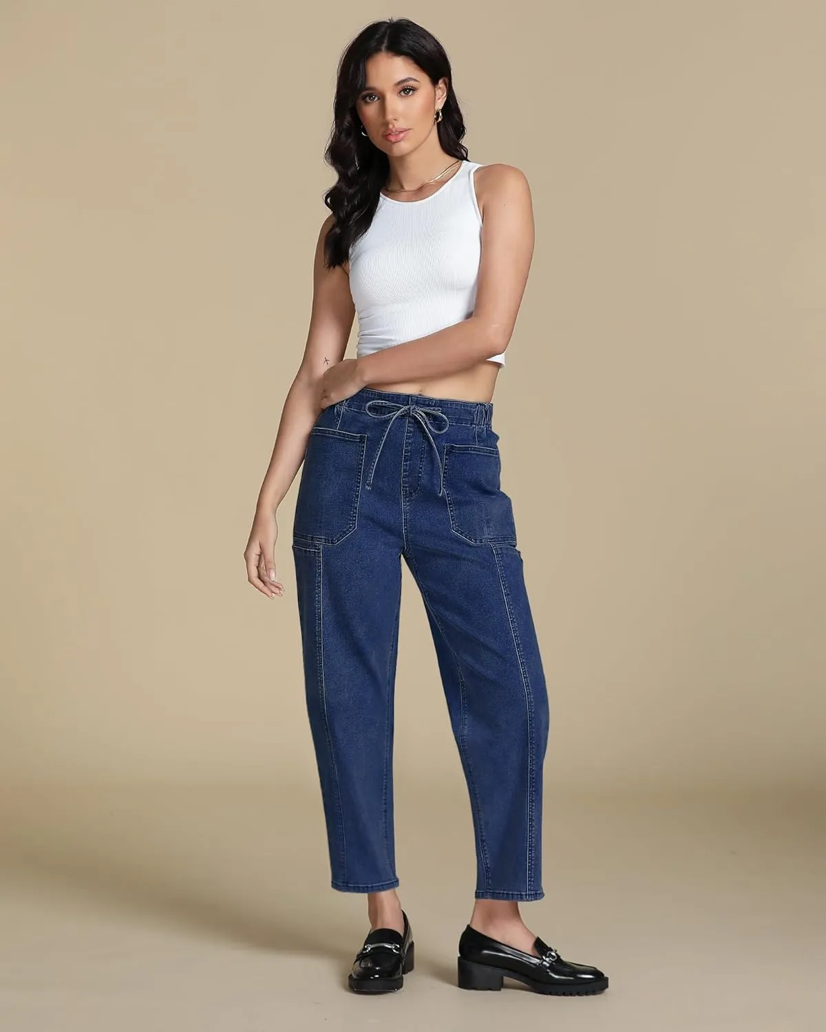 luvamia Barrel Jeans Women Trendy High Waisted Pull On Drawstring Elastic Waist Stretchy Denim Pants with Utility Pocket