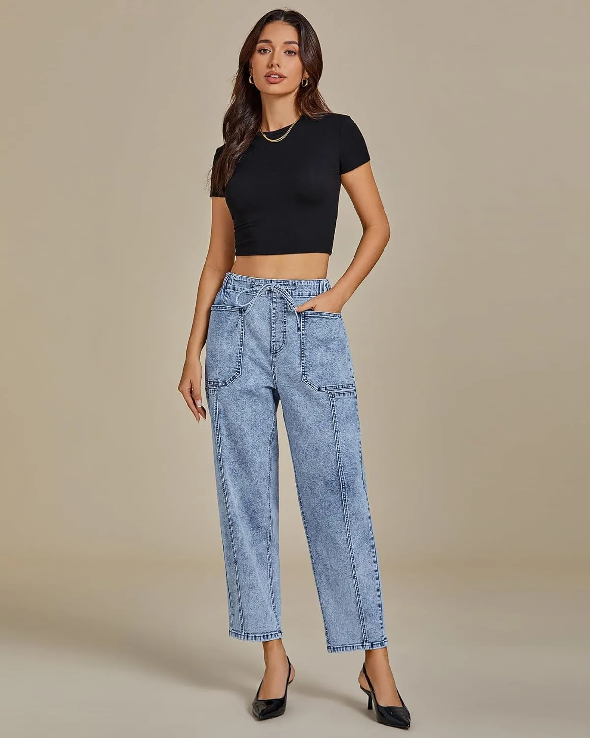 luvamia Barrel Jeans Women Trendy High Waisted Pull On Drawstring Elastic Waist Stretchy Denim Pants with Utility Pocket