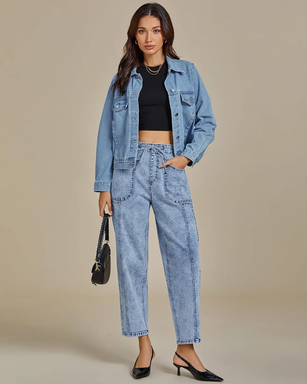 luvamia Barrel Jeans Women Trendy High Waisted Pull On Drawstring Elastic Waist Stretchy Denim Pants with Utility Pocket