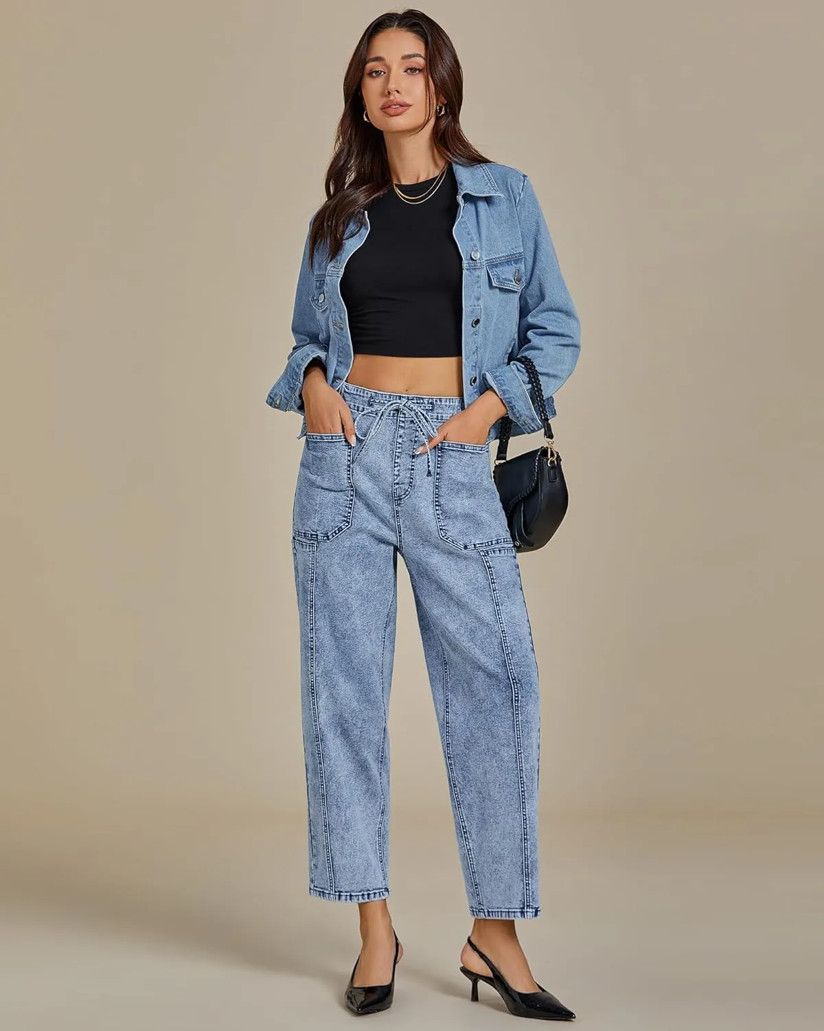 luvamia Barrel Jeans Women Trendy High Waisted Pull On Drawstring Elastic Waist Stretchy Denim Pants with Utility Pocket
