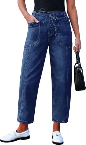 luvamia Barrel Jeans Women Trendy High Waisted Pull On Drawstring Elastic Waist Stretchy Denim Pants with Utility Pocket