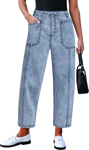luvamia Barrel Jeans Women Trendy High Waisted Pull On Drawstring Elastic Waist Stretchy Denim Pants with Utility Pocket
