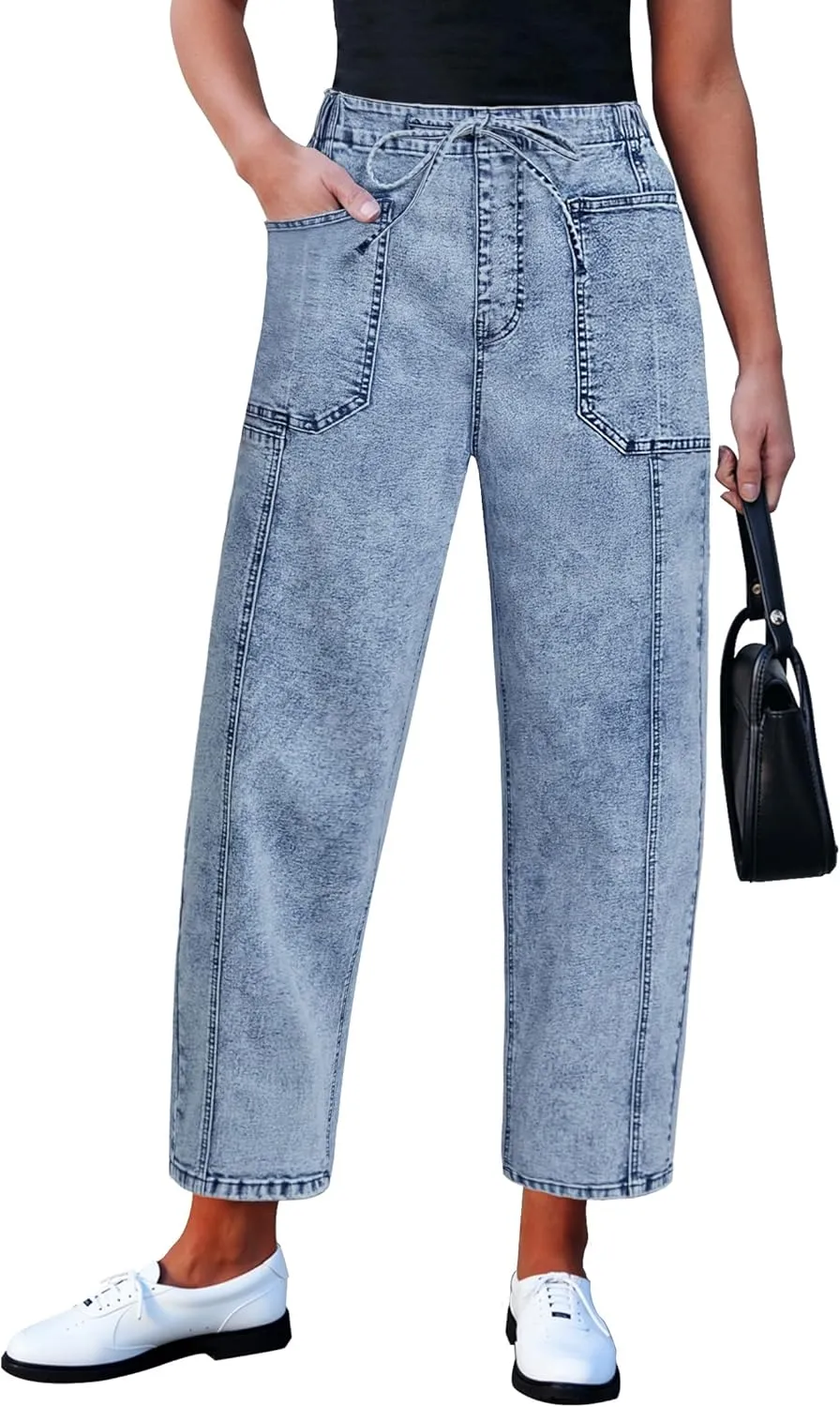 luvamia Barrel Jeans Women Trendy High Waisted Pull On Drawstring Elastic Waist Stretchy Denim Pants with Utility Pocket
