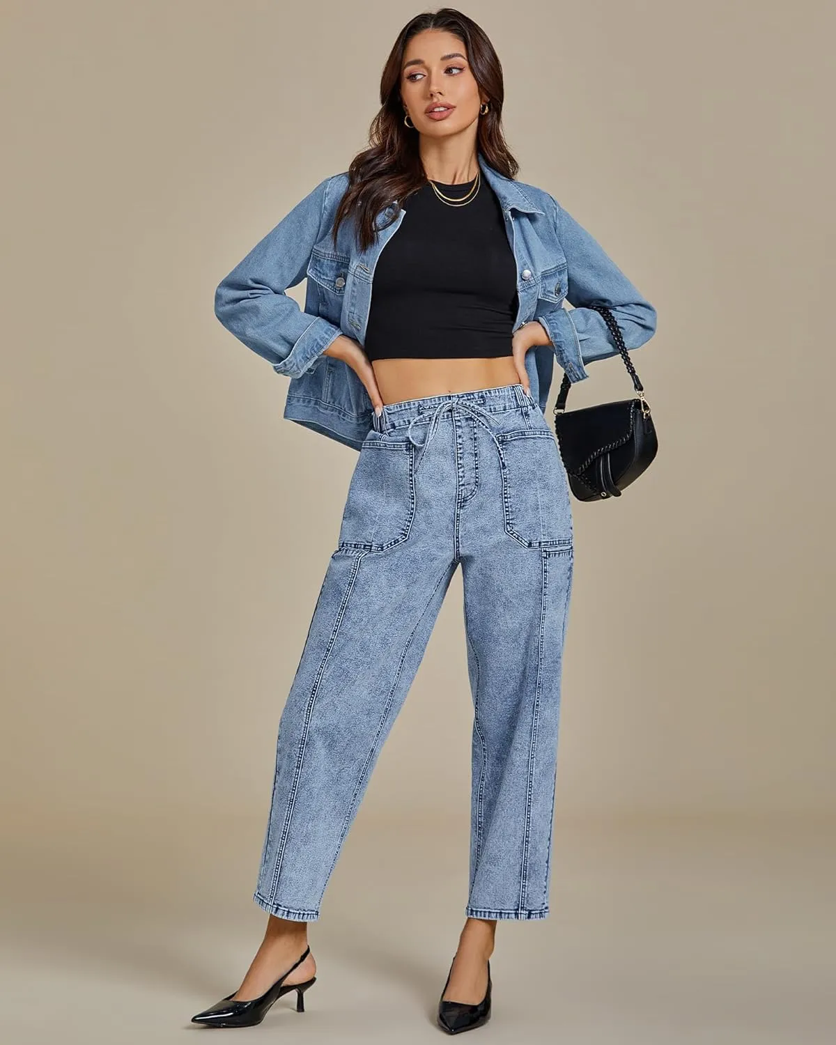 luvamia Barrel Jeans Women Trendy High Waisted Pull On Drawstring Elastic Waist Stretchy Denim Pants with Utility Pocket