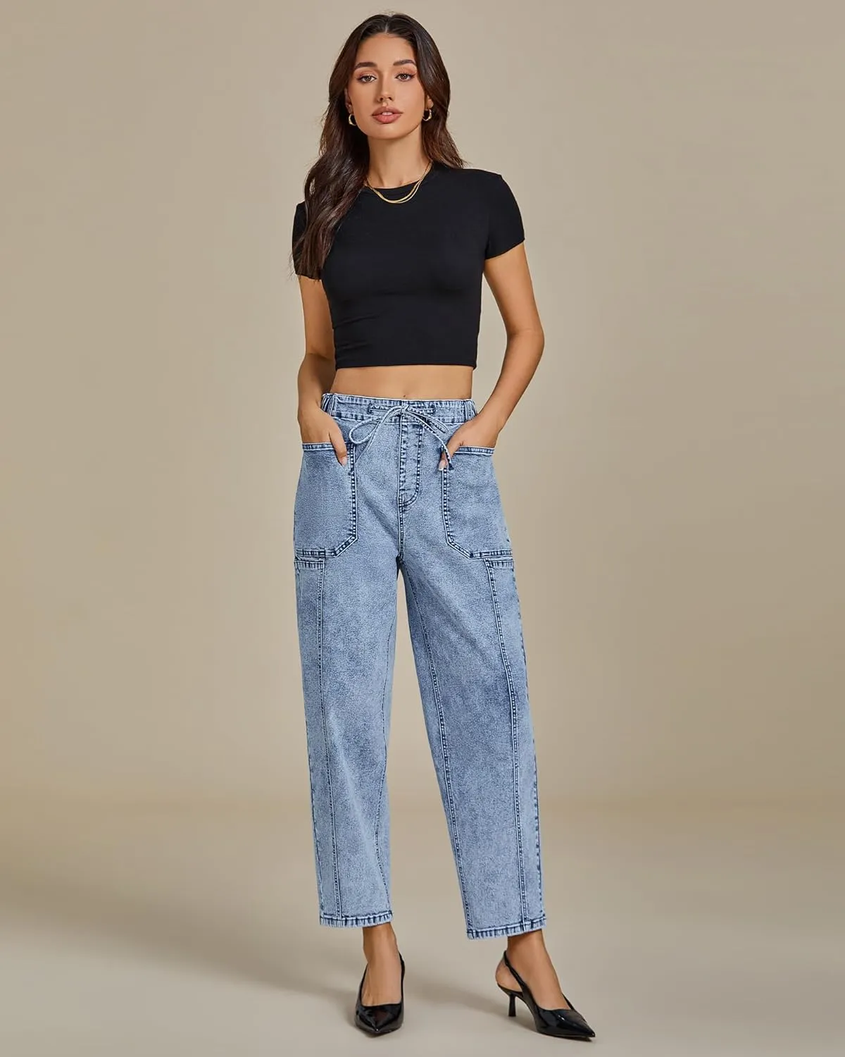 luvamia Barrel Jeans Women Trendy High Waisted Pull On Drawstring Elastic Waist Stretchy Denim Pants with Utility Pocket