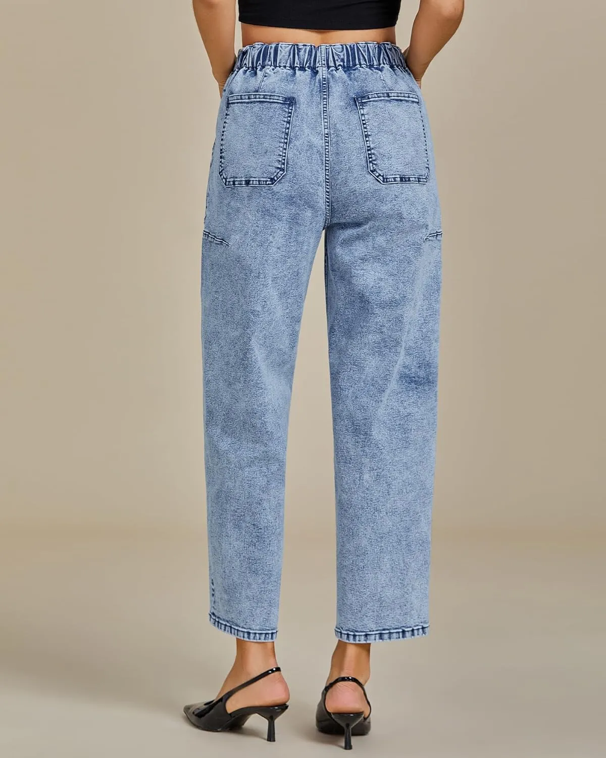 luvamia Barrel Jeans Women Trendy High Waisted Pull On Drawstring Elastic Waist Stretchy Denim Pants with Utility Pocket