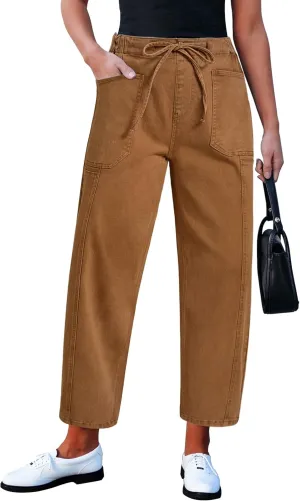 luvamia Barrel Jeans Women Trendy High Waisted Pull On Drawstring Elastic Waist Stretchy Denim Pants with Utility Pocket