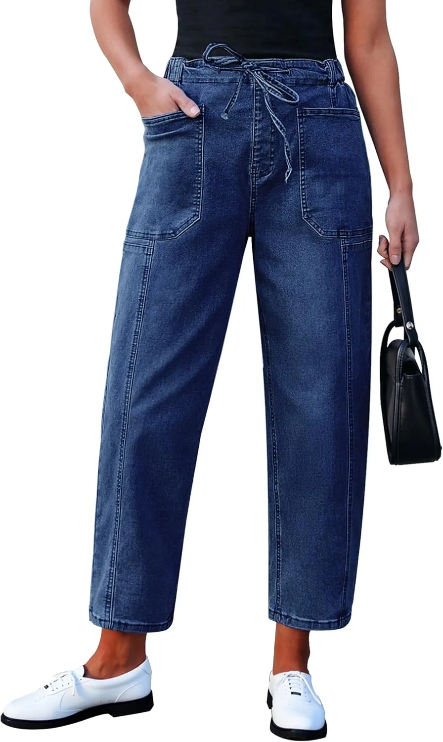 luvamia Barrel Jeans Women Trendy High Waisted Pull On Drawstring Elastic Waist Stretchy Denim Pants with Utility Pocket