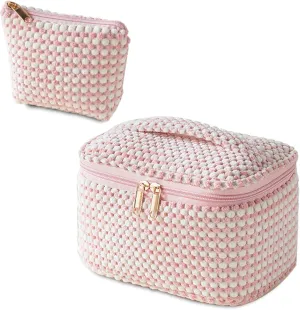 Makeup Bag for Women - Large Quilted Cosmetic for Women Girls Travel Toiletry Set Makeup Pouch Bag for Purse Travel Storage Organizer Bag Birthday Gift(Pink)