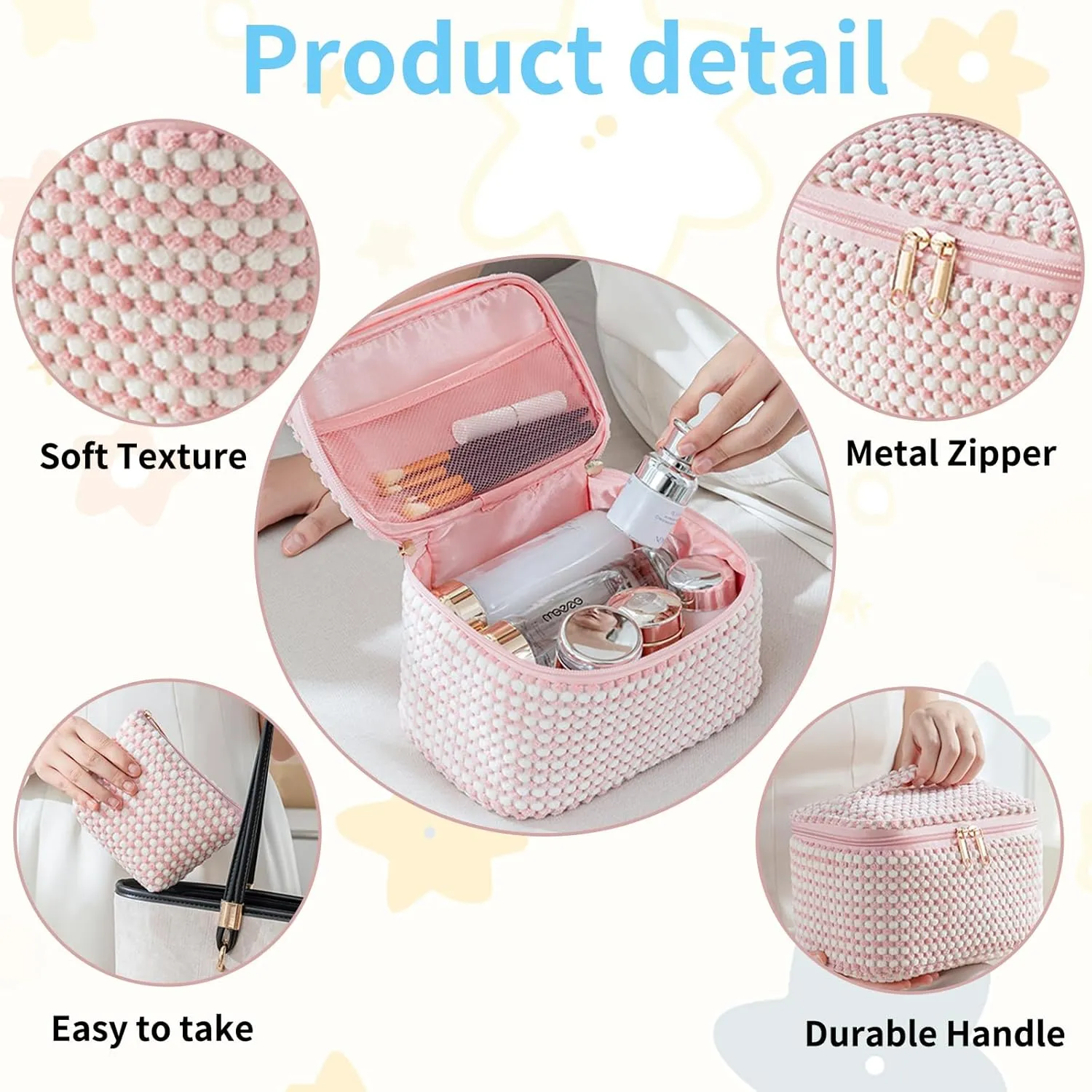 Makeup Bag for Women - Large Quilted Cosmetic for Women Girls Travel Toiletry Set Makeup Pouch Bag for Purse Travel Storage Organizer Bag Birthday Gift(Pink)