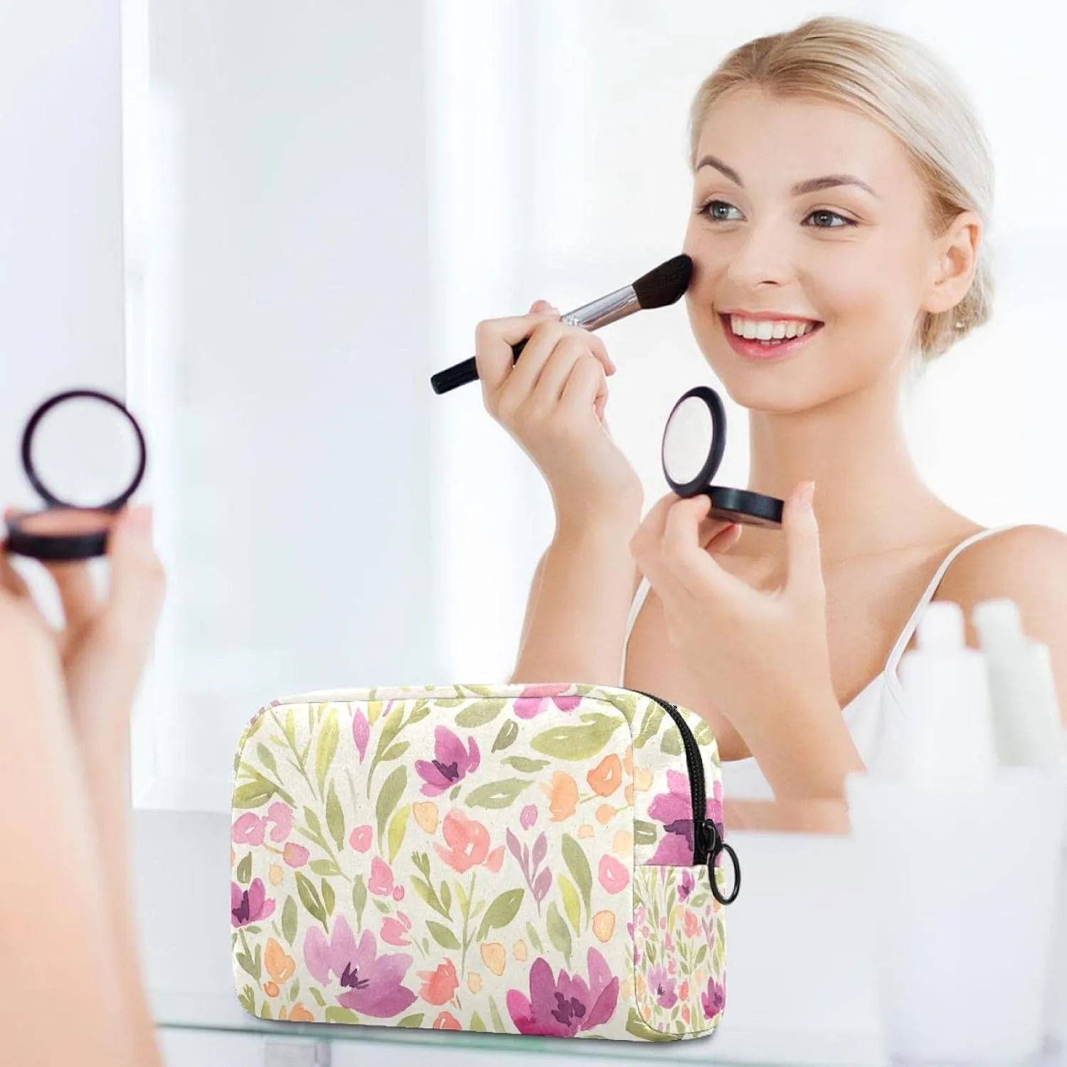 Makeup Organizer Bag, Aesthetic Pink Floral Pattern Pencil Case Cosmetic Storage Bag Portable Toiletry Pouch for Women, Men, Traveling, School