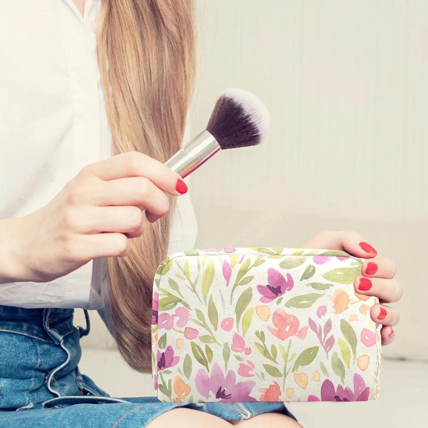 Makeup Organizer Bag, Aesthetic Pink Floral Pattern Pencil Case Cosmetic Storage Bag Portable Toiletry Pouch for Women, Men, Traveling, School