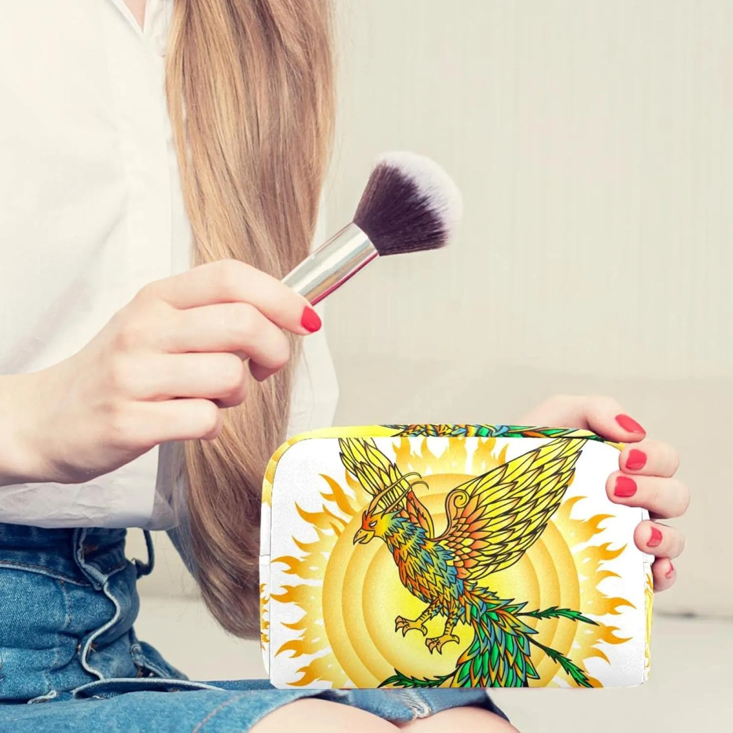 Makeup Organizer Bag, Hand Drawn Phoenix Bird and Flaming Sun Pencil Case Cosmetic Storage Bag Portable Toiletry Pouch for Women, Men, Traveling, School
