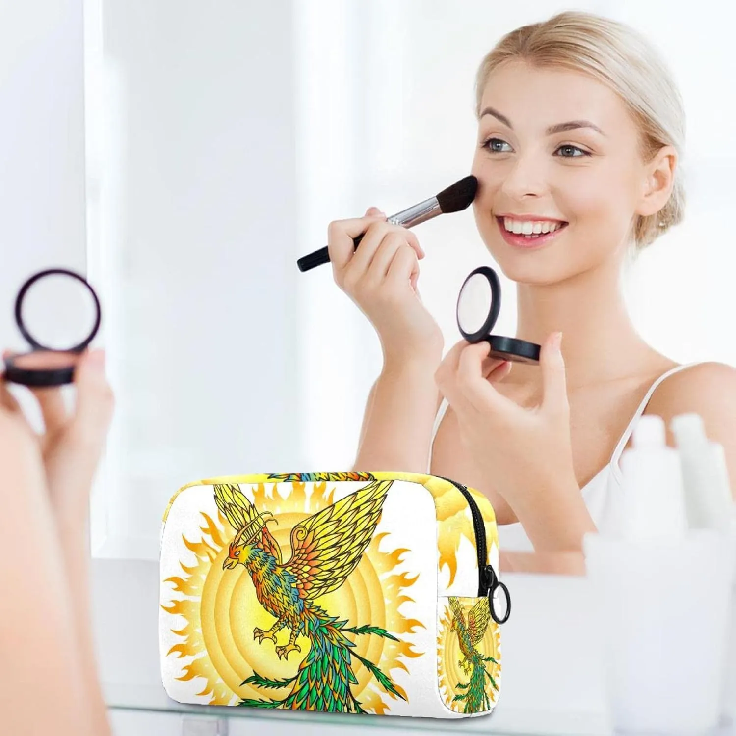 Makeup Organizer Bag, Hand Drawn Phoenix Bird and Flaming Sun Pencil Case Cosmetic Storage Bag Portable Toiletry Pouch for Women, Men, Traveling, School