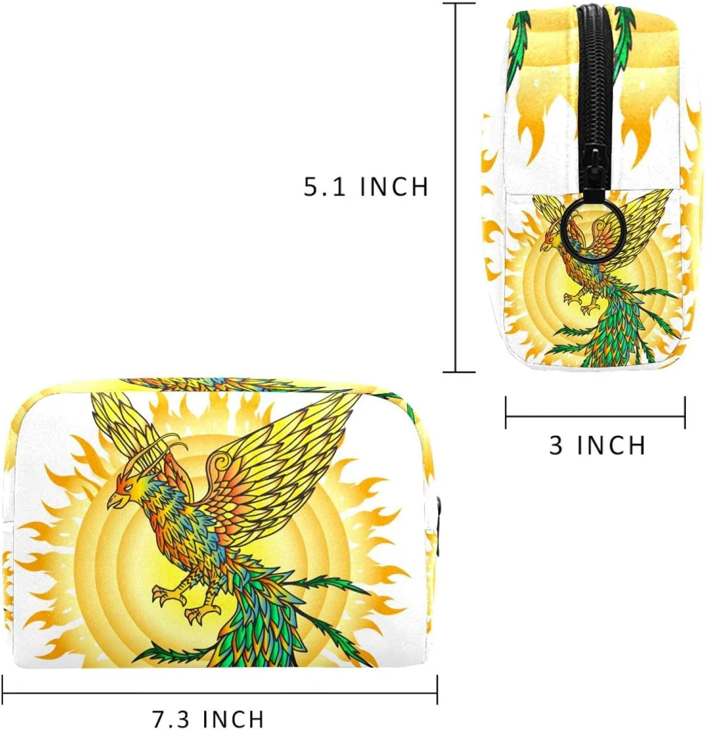 Makeup Organizer Bag, Hand Drawn Phoenix Bird and Flaming Sun Pencil Case Cosmetic Storage Bag Portable Toiletry Pouch for Women, Men, Traveling, School