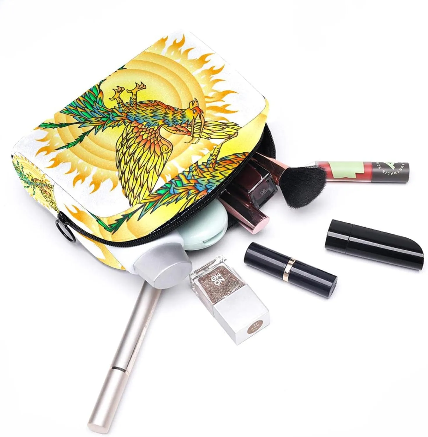 Makeup Organizer Bag, Hand Drawn Phoenix Bird and Flaming Sun Pencil Case Cosmetic Storage Bag Portable Toiletry Pouch for Women, Men, Traveling, School