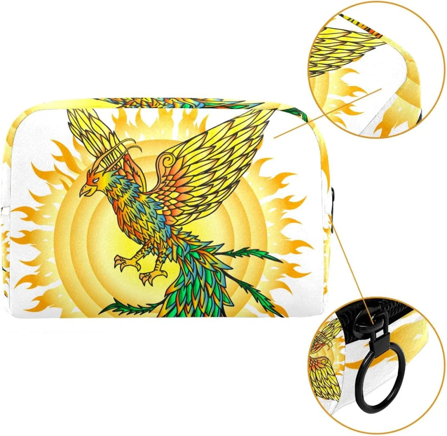 Makeup Organizer Bag, Hand Drawn Phoenix Bird and Flaming Sun Pencil Case Cosmetic Storage Bag Portable Toiletry Pouch for Women, Men, Traveling, School
