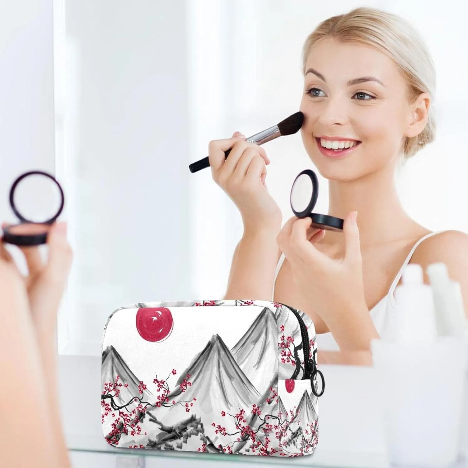 Makeup Organizer Bag, Hand Painted Japanese Mountain Sunset Cherry Flower Pencil Case Cosmetic Storage Bag Portable Toiletry Pouch for Women, Men, Traveling, School