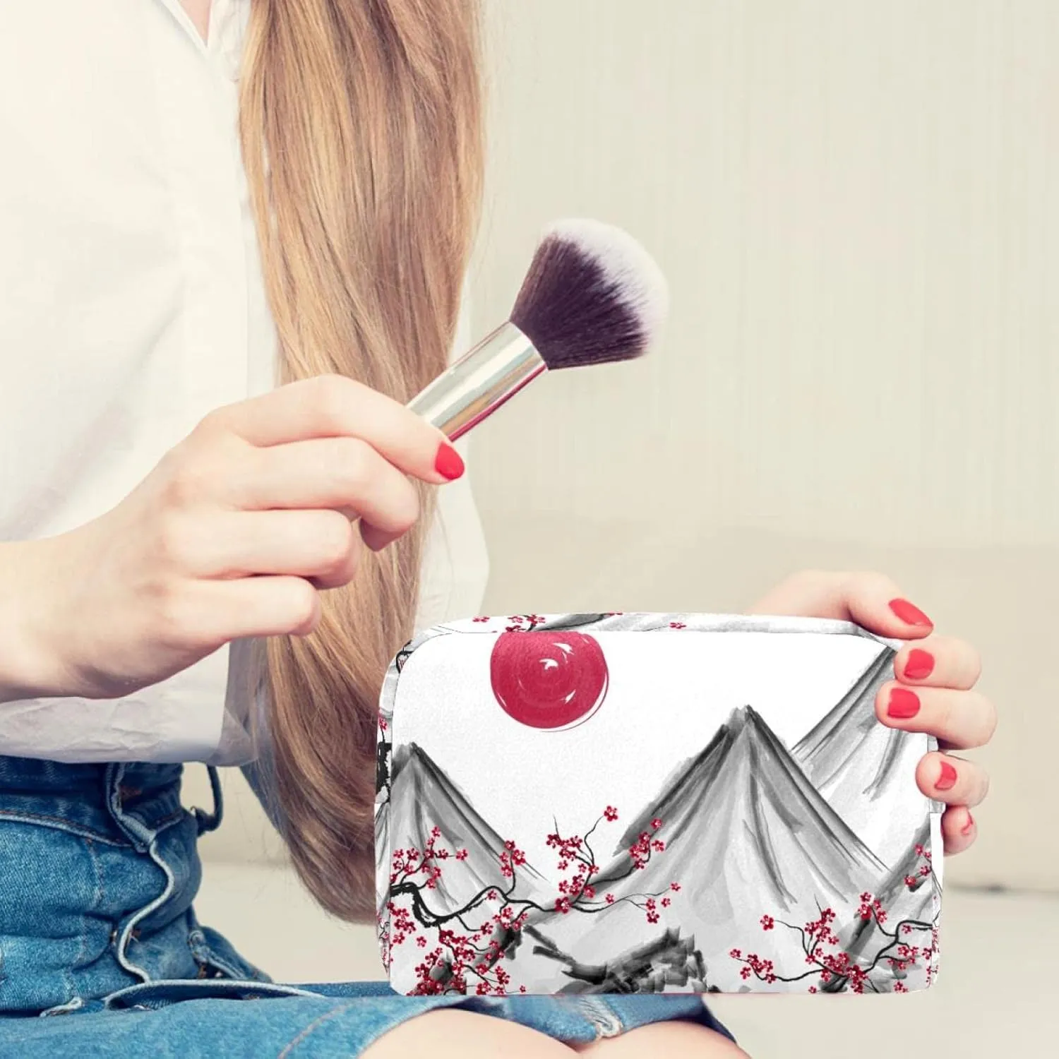 Makeup Organizer Bag, Hand Painted Japanese Mountain Sunset Cherry Flower Pencil Case Cosmetic Storage Bag Portable Toiletry Pouch for Women, Men, Traveling, School