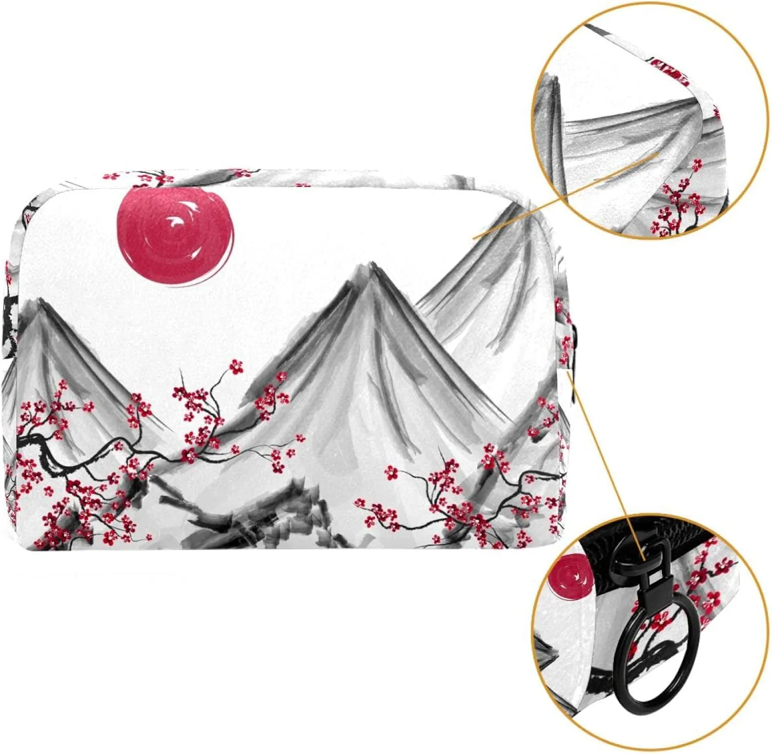Makeup Organizer Bag, Hand Painted Japanese Mountain Sunset Cherry Flower Pencil Case Cosmetic Storage Bag Portable Toiletry Pouch for Women, Men, Traveling, School