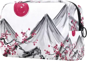 Makeup Organizer Bag, Hand Painted Japanese Mountain Sunset Cherry Flower Pencil Case Cosmetic Storage Bag Portable Toiletry Pouch for Women, Men, Traveling, School