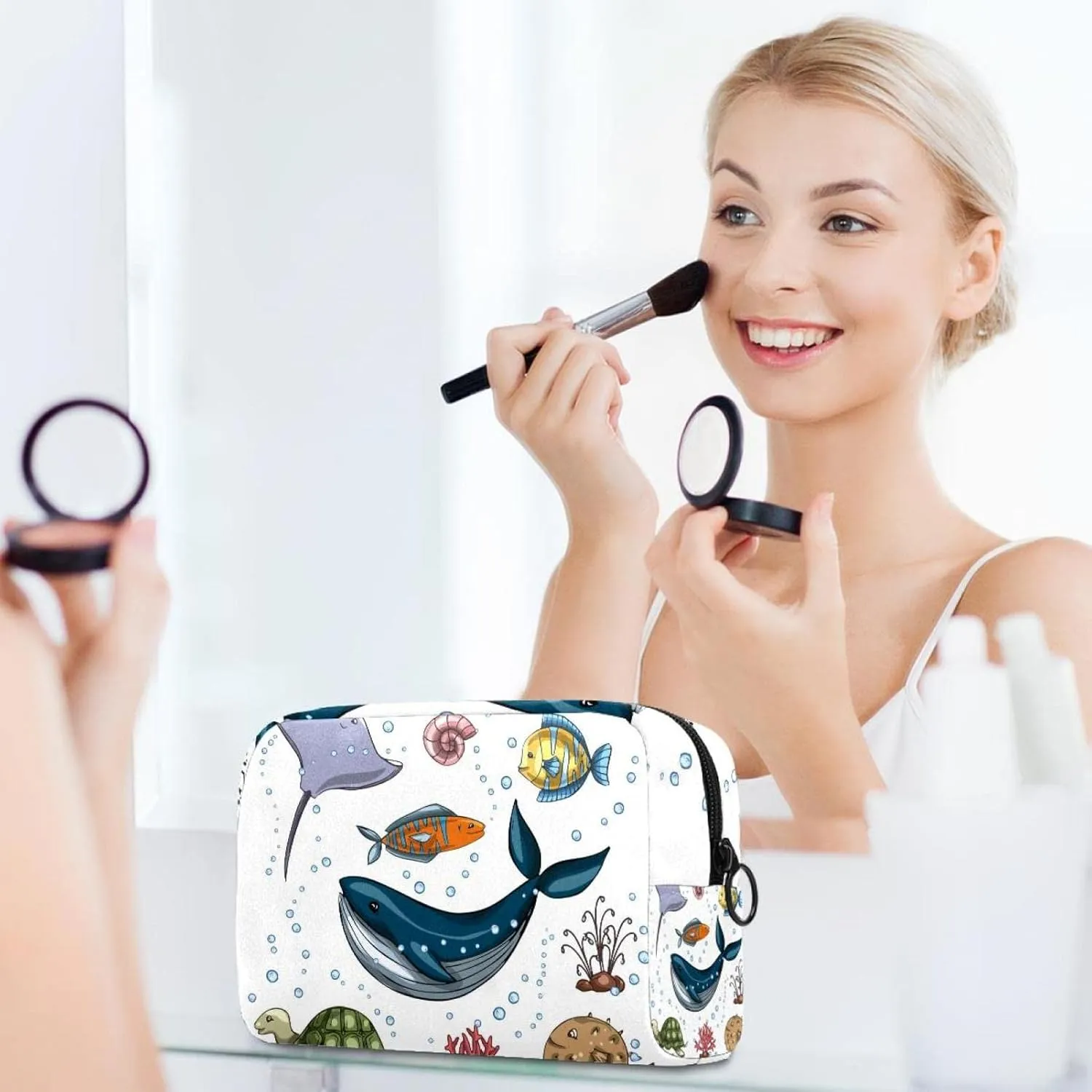 Makeup Organizer Bag, Sea Animals Collection Pencil Case Cosmetic Storage Bag Portable Toiletry Pouch for Women, Men, Traveling, School