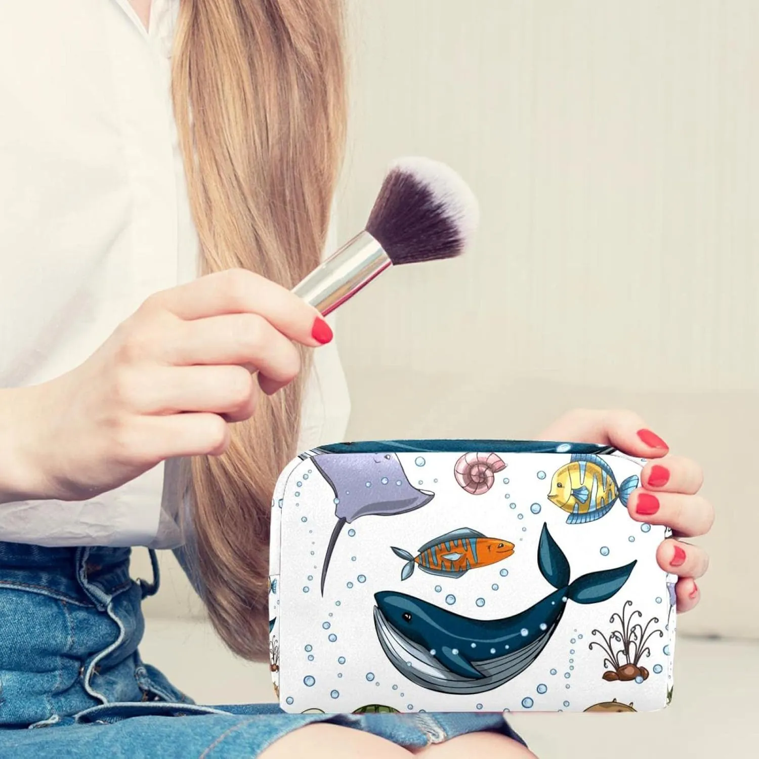 Makeup Organizer Bag, Sea Animals Collection Pencil Case Cosmetic Storage Bag Portable Toiletry Pouch for Women, Men, Traveling, School